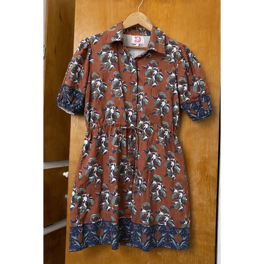 Victoria Dunn Block Print Cotton Mini Shirt Dress Voile Floral Sz S Puff Sleeve